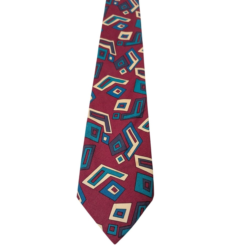 McGregor Tie Mens OS Burgundy Teal Geometric Abstract 100% Cotton Retro 90s‎ USA